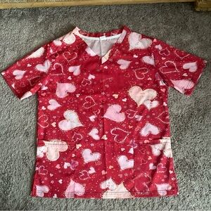 Heart print Medical Scrub Top size M- Red and Pink